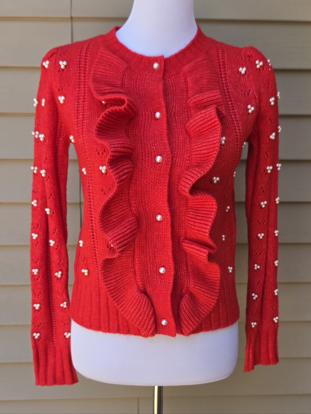 Industry Red Pearl Embellished Cardigan Sweater NWT Ruffle Preppy Girly Feminine
